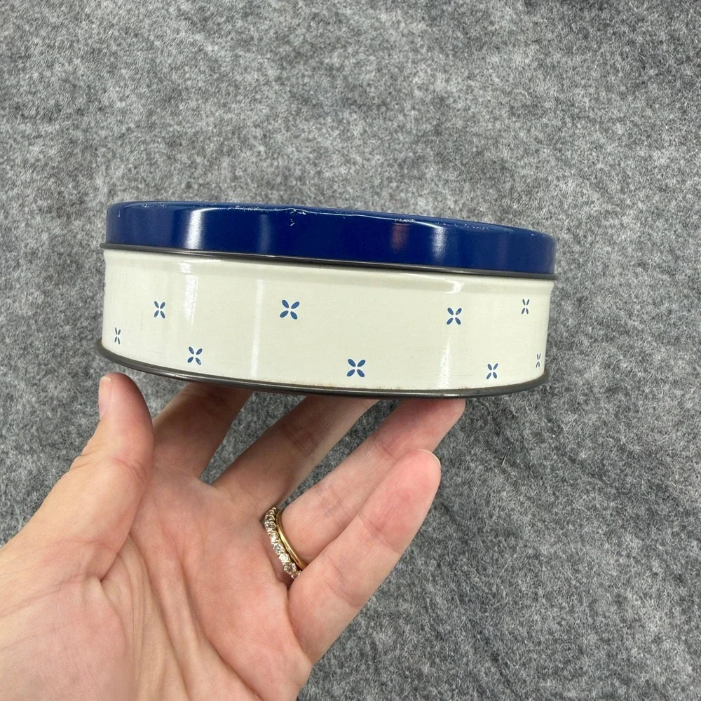 Vintage Goose Duck Cookie Tin Round Blue White Farmhouse Decor 6.5in Trend 80 90